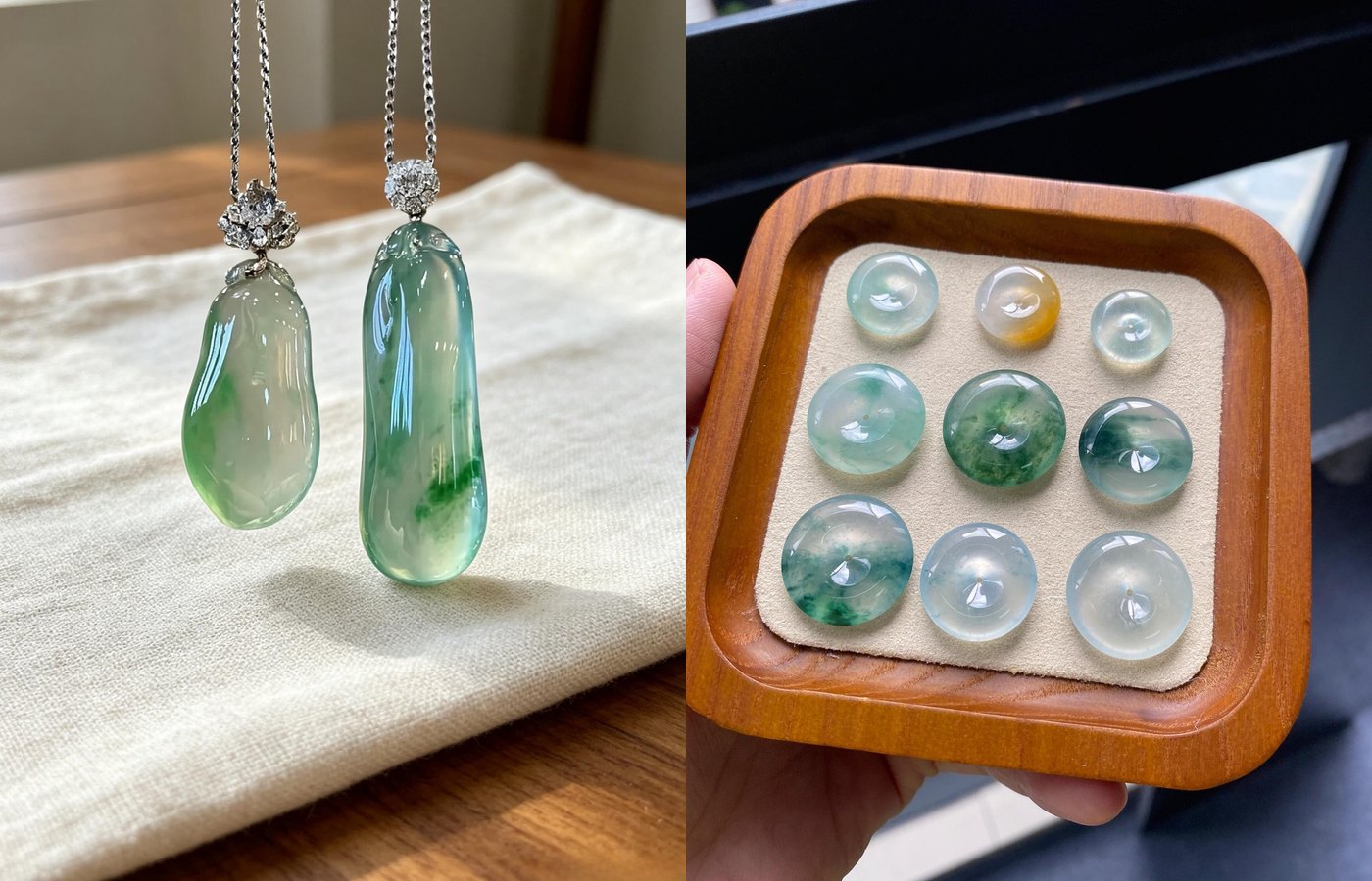 冰种福瓜与平安扣 Ice gourd and safety-coin pendants